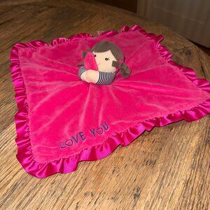 Carters Girl Doll Lovey Plush I Love You Pink Security Blanket Rattle Brown Hair